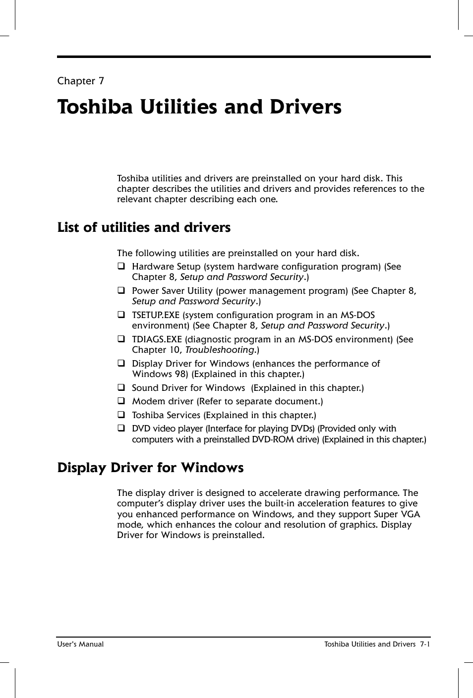 Toshiba utilities and drivers, List of utilities and drivers, Display driver for windows | Toshiba Satellite 2650 User Manual | Page 88 / 208