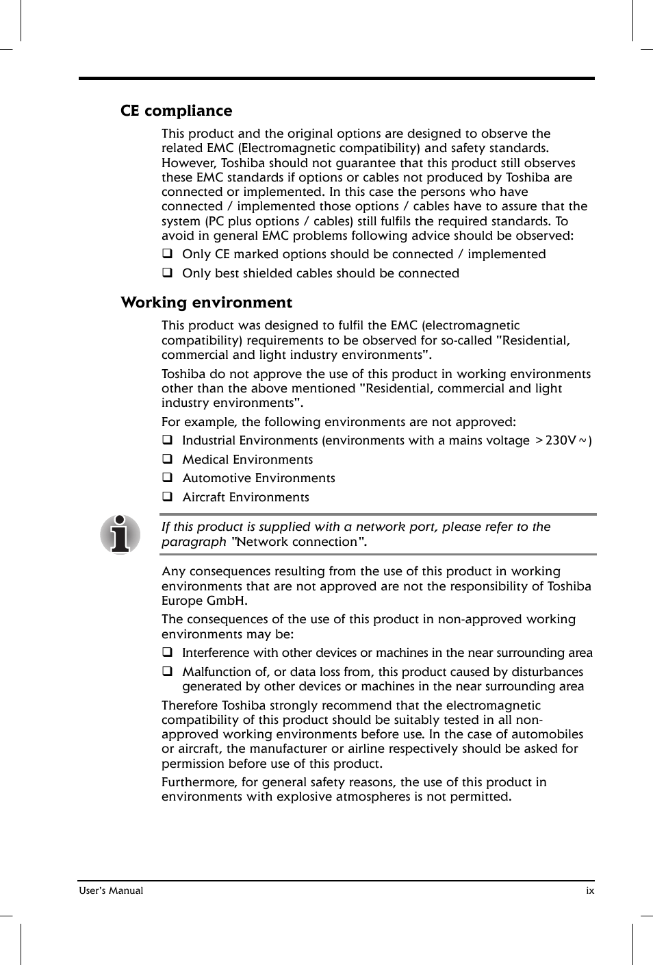 Ce compliance, Working environment | Toshiba Satellite 2650 User Manual | Page 9 / 208