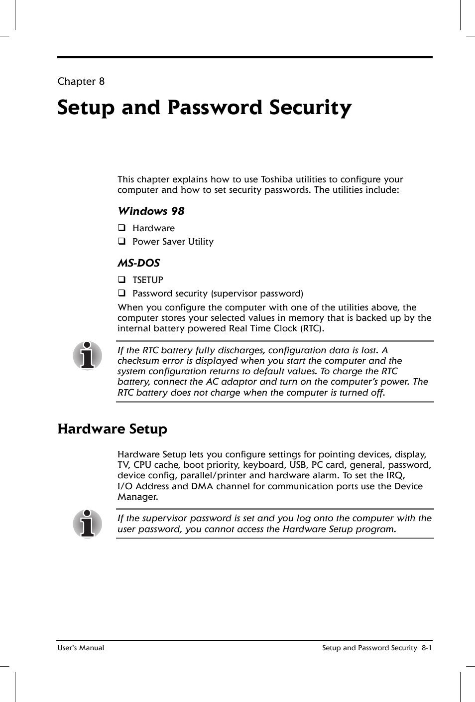 Setup and password security, Hardware setup | Toshiba Satellite 2650 User Manual | Page 92 / 208