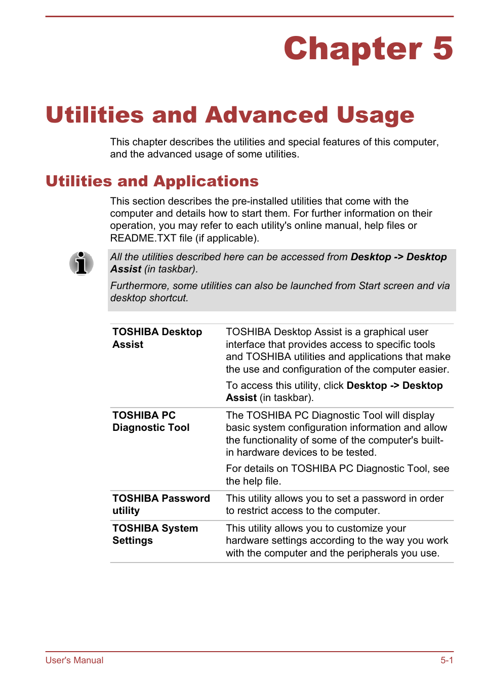 Chapter 5 utilities and advanced usage, Utilities and applications, Chapter 5 | Utilities and advanced usage, Utilities and applications -1 | Toshiba Satellite P845 User Manual | Page 103 / 145