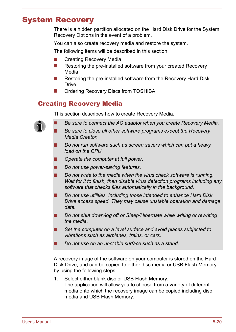 System recovery, Creating recovery media, System recovery -20 | Toshiba Satellite P845 User Manual | Page 122 / 145