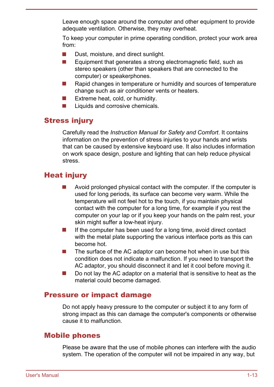 Stress injury, Heat injury, Pressure or impact damage | Mobile phones | Toshiba Satellite P845 User Manual | Page 17 / 145