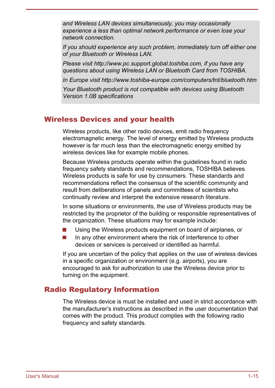 Wireless devices and your health, Radio regulatory information | Toshiba Satellite P845 User Manual | Page 19 / 145