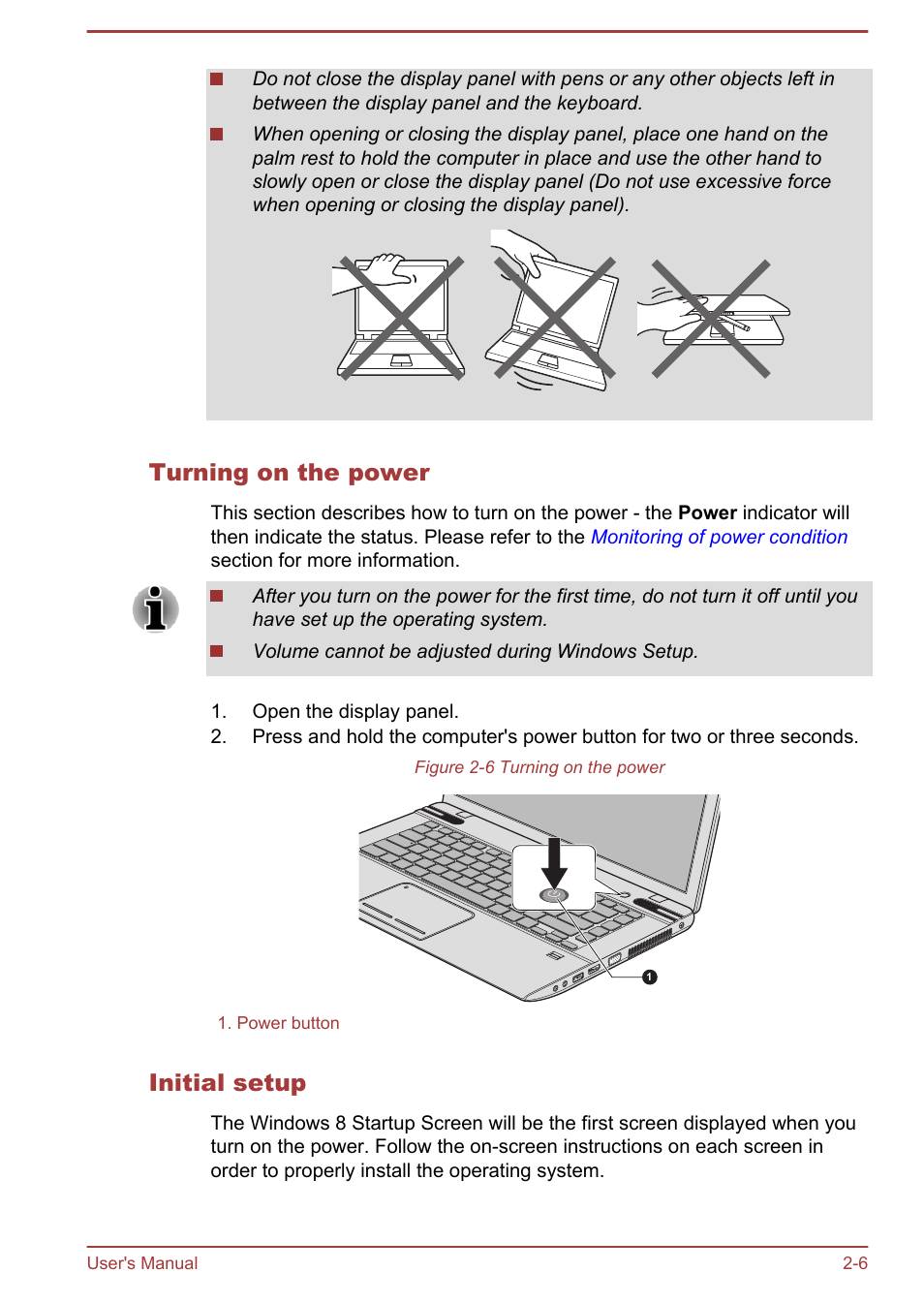 Turning on the power, Initial setup | Toshiba Satellite P845 User Manual | Page 35 / 145