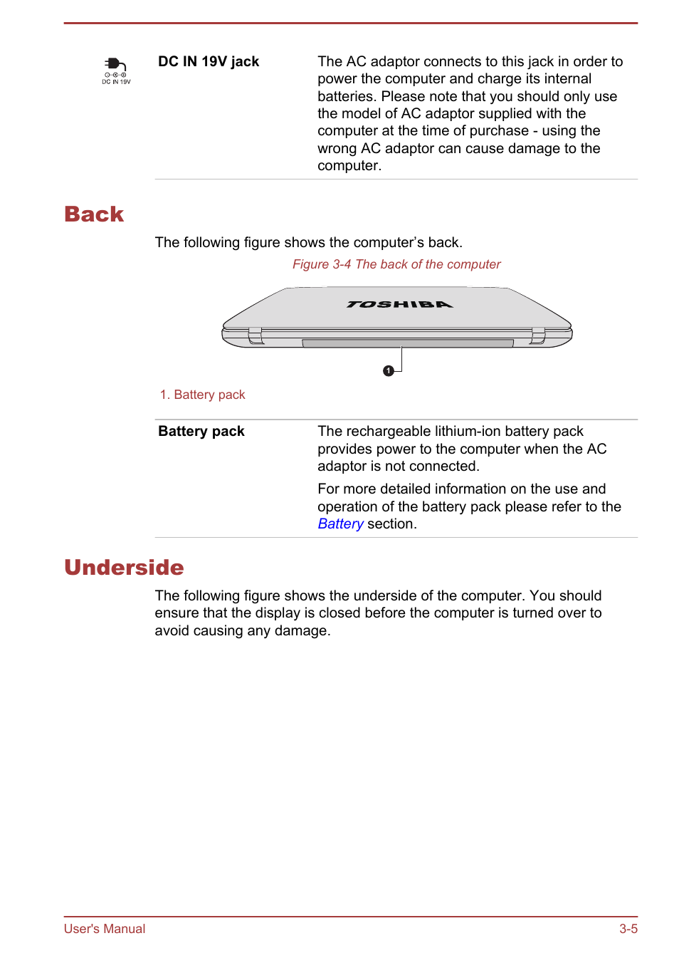 Back, Underside, Back -5 underside -5 | Toshiba Satellite P845 User Manual | Page 45 / 145