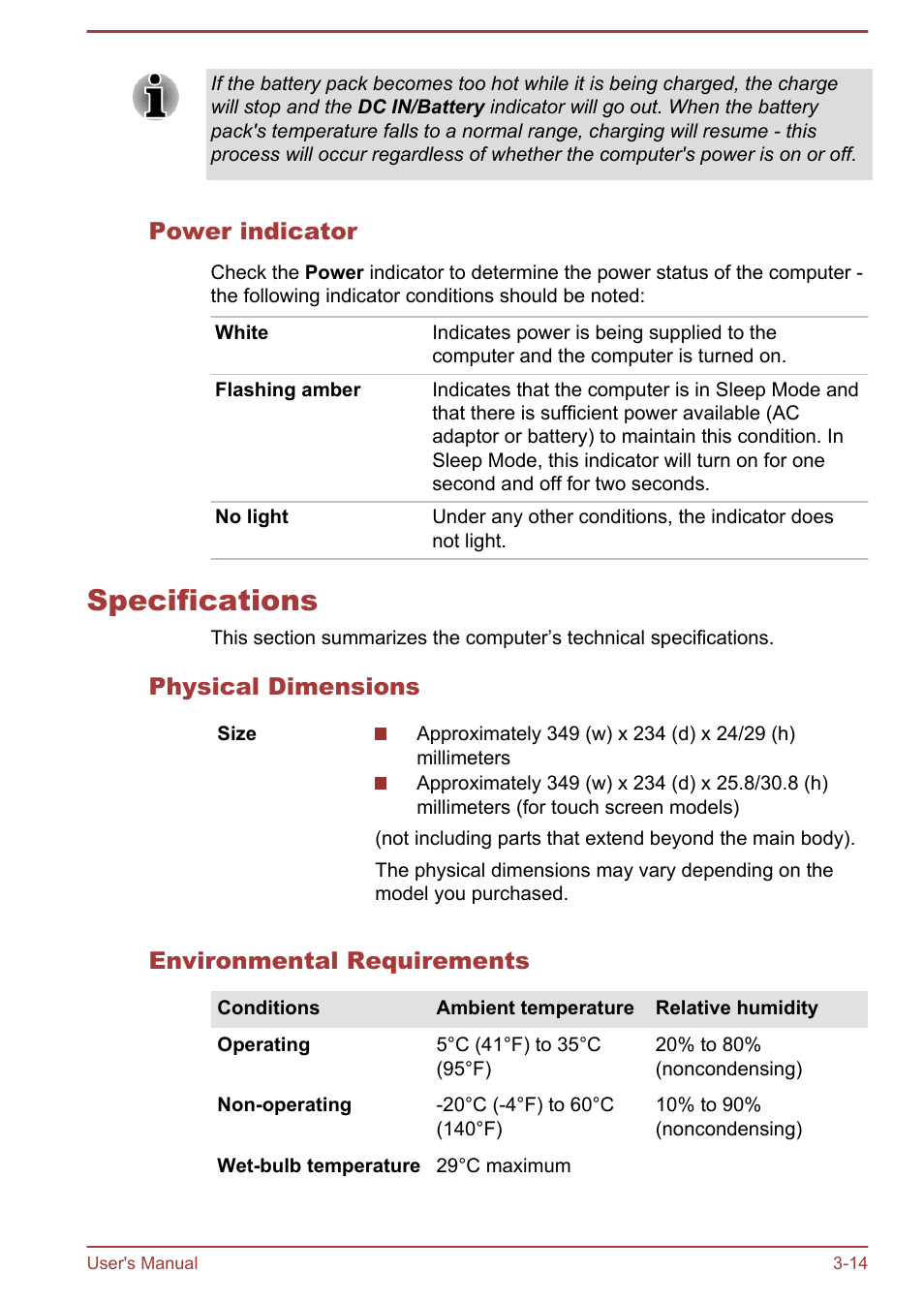 Power indicator, Specifications, Physical dimensions | Environmental requirements, Specifications -14 | Toshiba Satellite P845 User Manual | Page 54 / 145