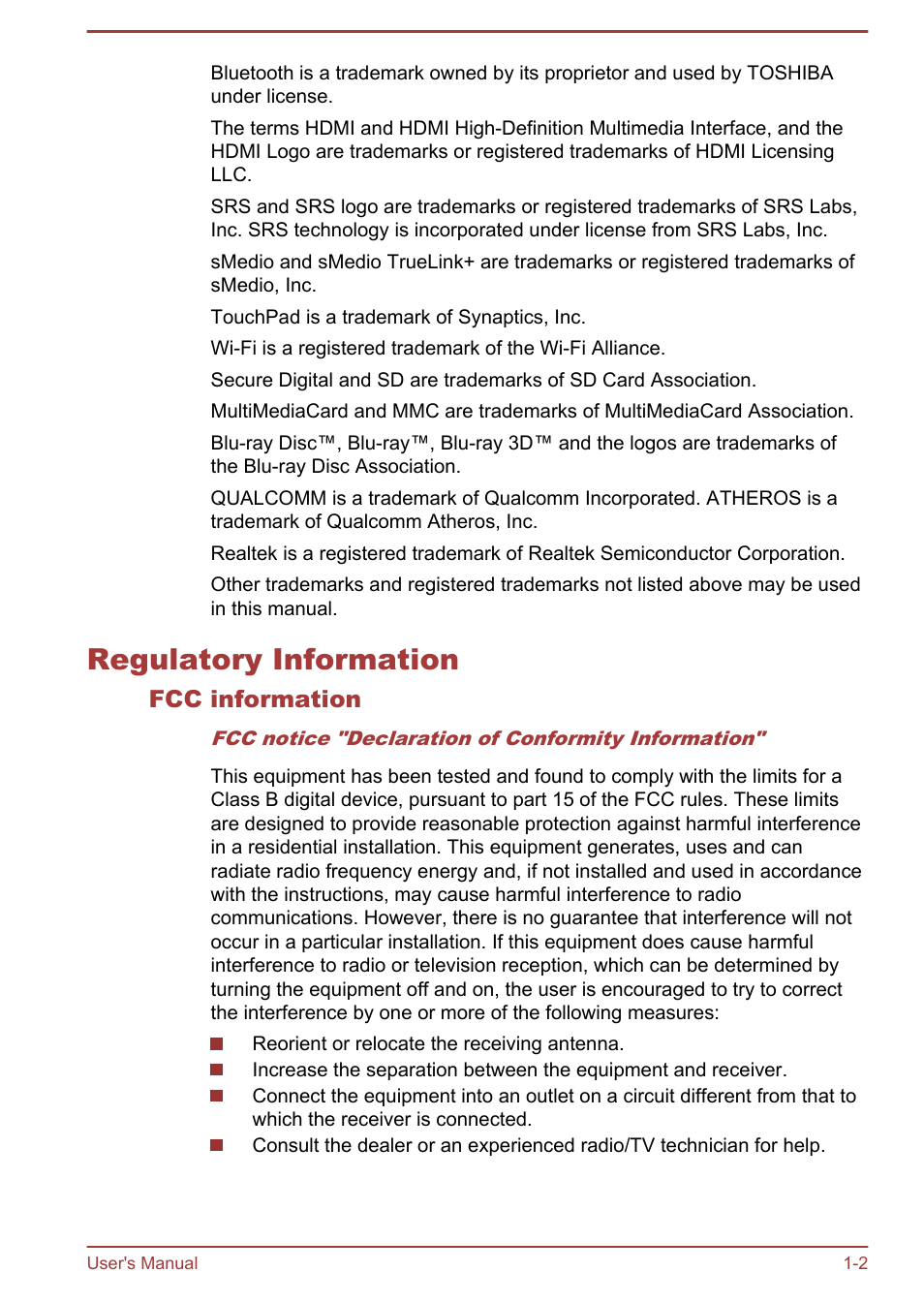 Regulatory information, Fcc information, Regulatory information -2 | Toshiba Satellite P845 User Manual | Page 6 / 145