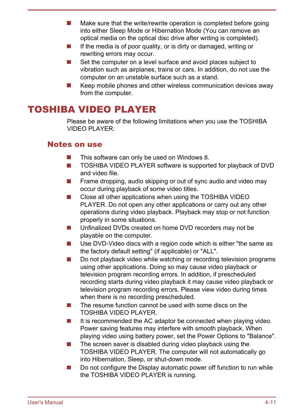 Toshiba video player, Notes on use, Toshiba video player -11 | Toshiba Satellite P845 User Manual | Page 68 / 145