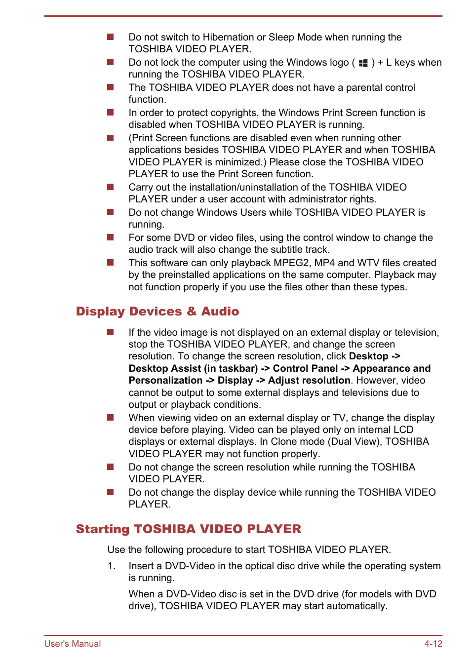 Display devices & audio, Starting toshiba video player | Toshiba Satellite P845 User Manual | Page 69 / 145