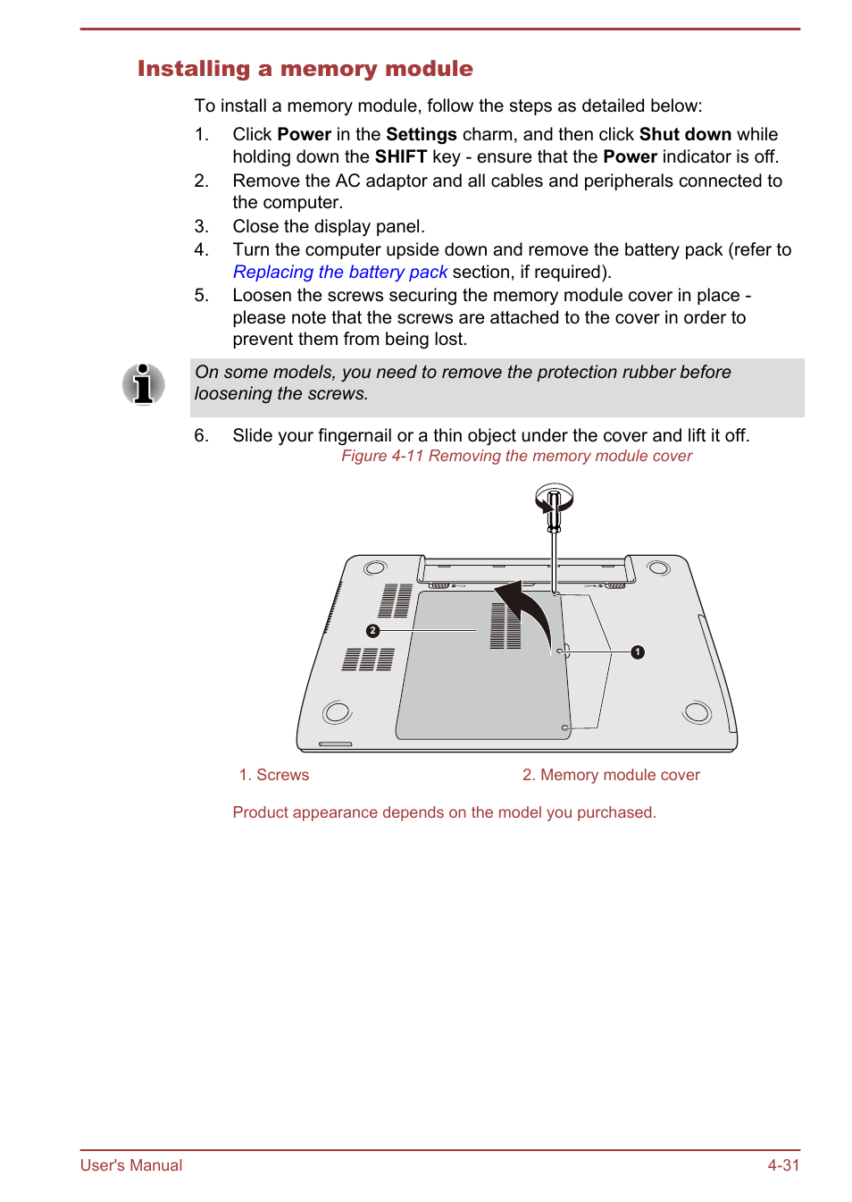 Installing a memory module | Toshiba Satellite P845 User Manual | Page 88 / 145