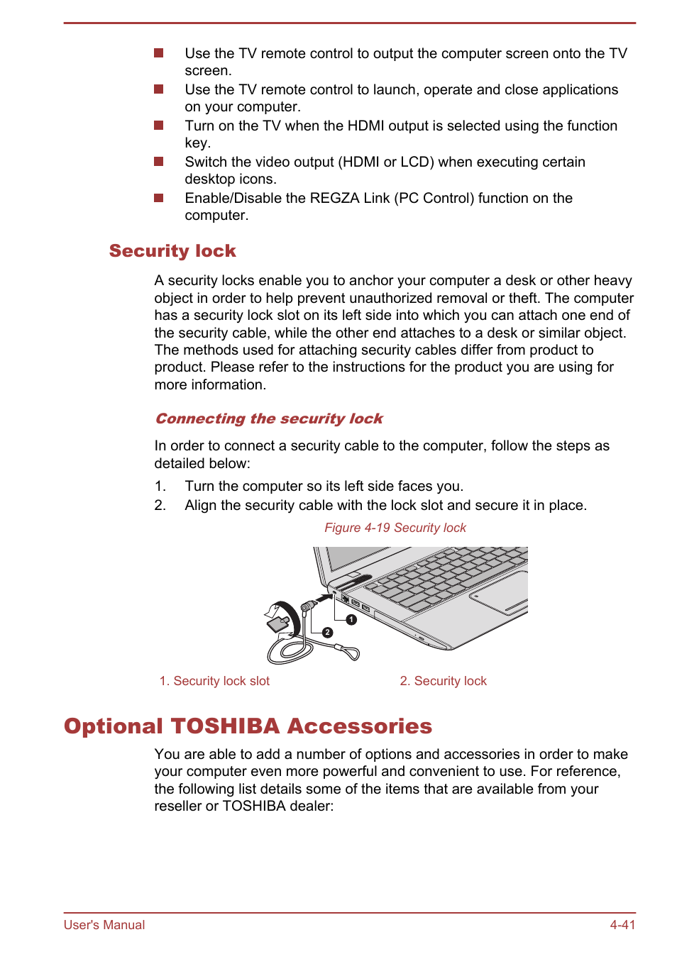 Security lock, Optional toshiba accessories, Optional toshiba accessories -41 | Toshiba Satellite P845 User Manual | Page 98 / 145