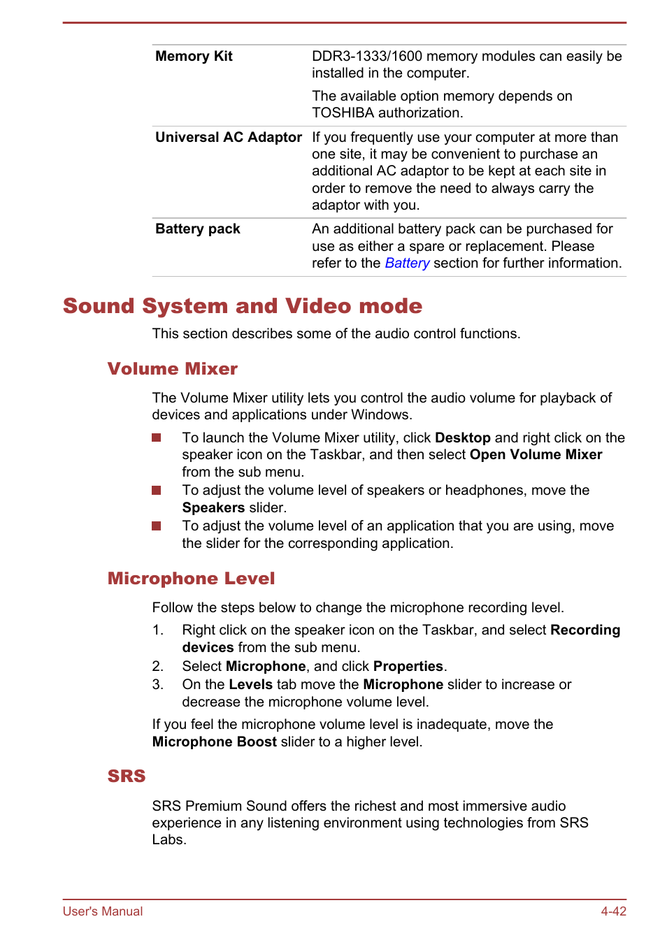 Sound system and video mode, Volume mixer, Microphone level | Sound system and video mode -42, To the | Toshiba Satellite P845 User Manual | Page 99 / 145