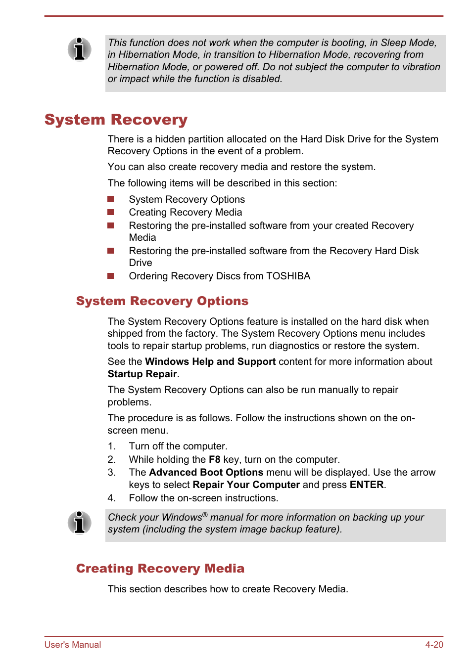 System recovery, System recovery options, Creating recovery media | System recovery -20 | Toshiba Satellite P845 User Manual | Page 107 / 157