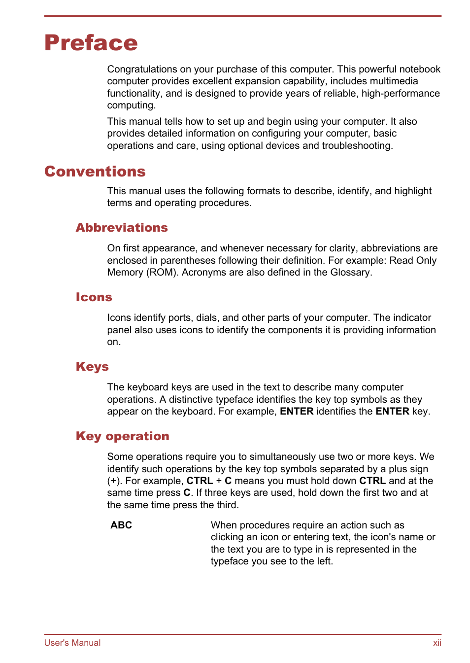 Preface, Conventions, Abbreviations | Icons, Keys, Key operation | Toshiba Satellite P845 User Manual | Page 12 / 157