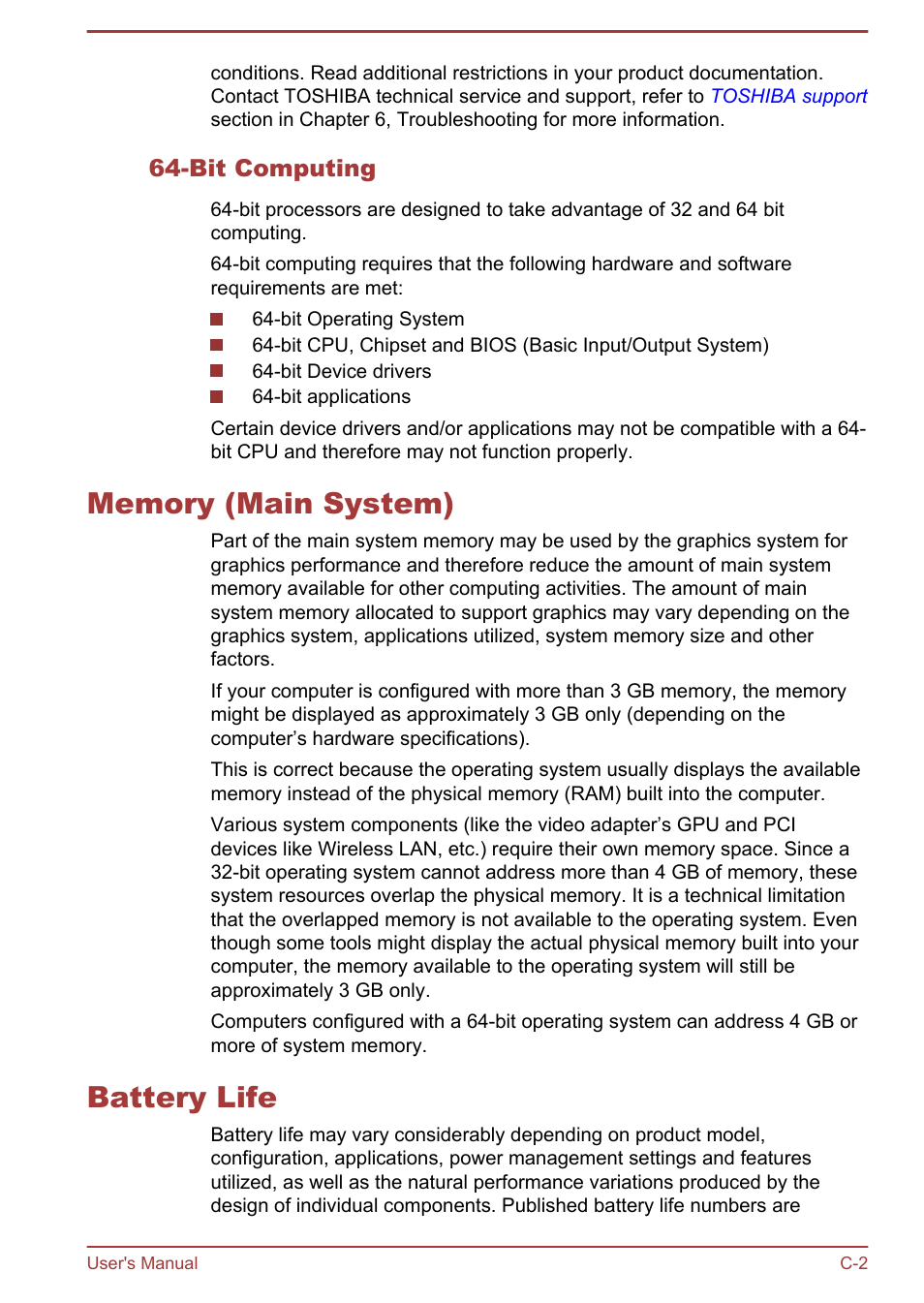 Bit computing, Memory (main system), Battery life | Toshiba Satellite P845 User Manual | Page 143 / 157