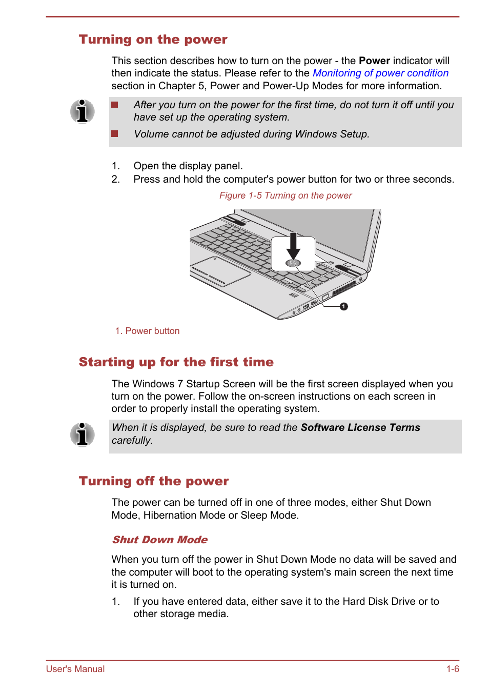 Turning on the power, Starting up for the first time, Turning off the power | Toshiba Satellite P845 User Manual | Page 21 / 157