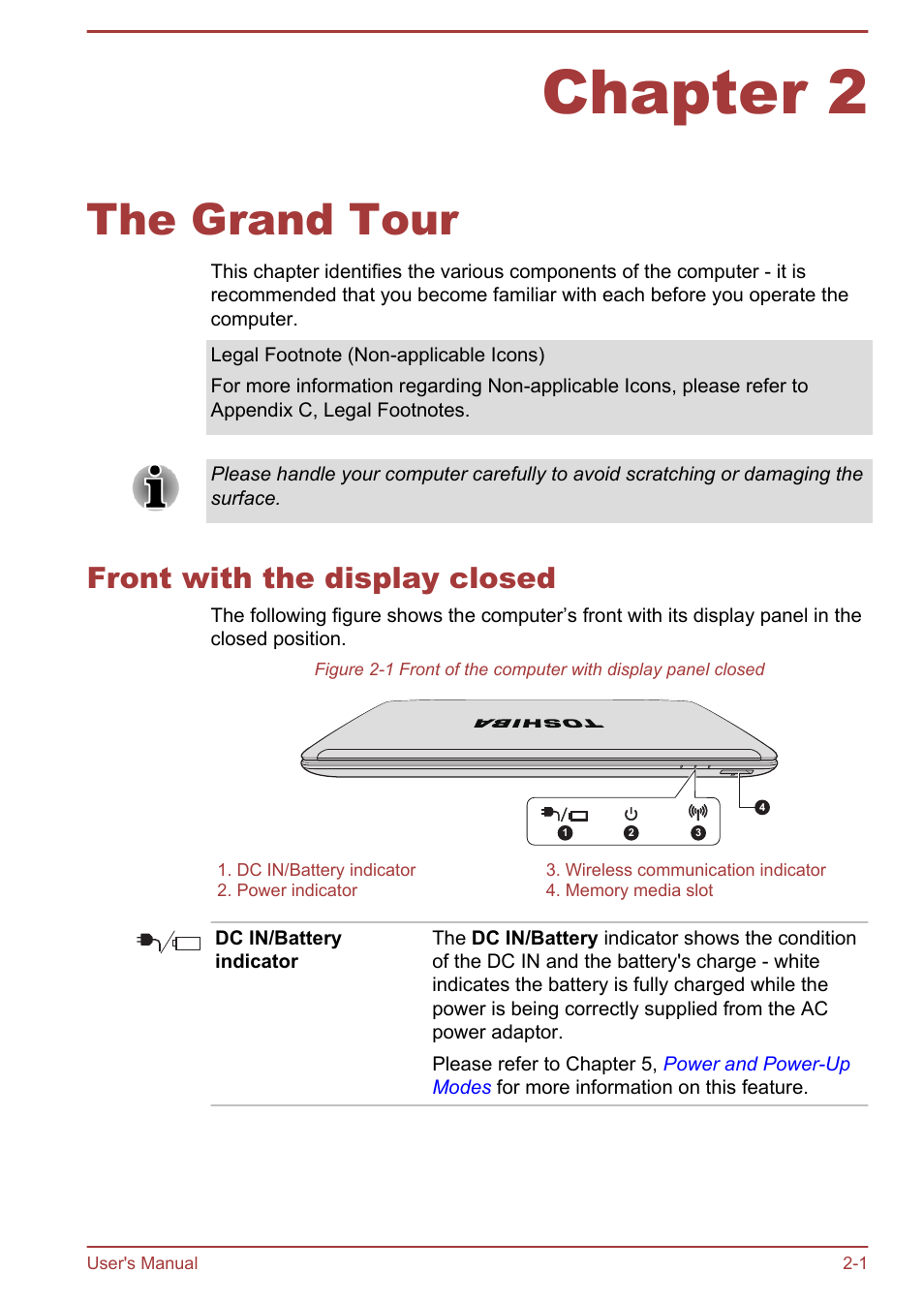 Chapter 2 the grand tour, Front with the display closed, Chapter 2 | The grand tour, Front with the display closed -1 | Toshiba Satellite P845 User Manual | Page 26 / 157