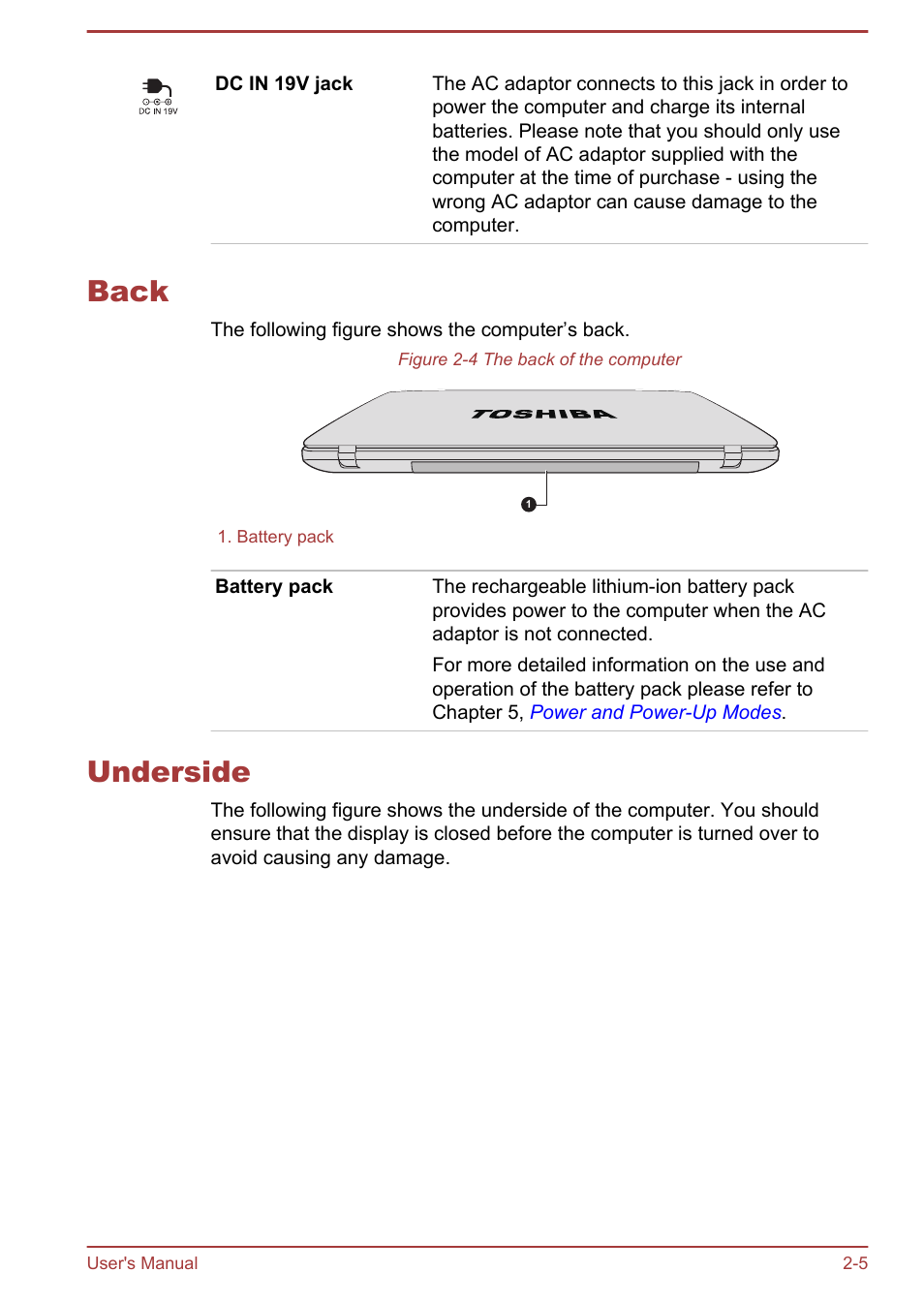 Back, Underside, Back -5 underside -5 | Toshiba Satellite P845 User Manual | Page 30 / 157