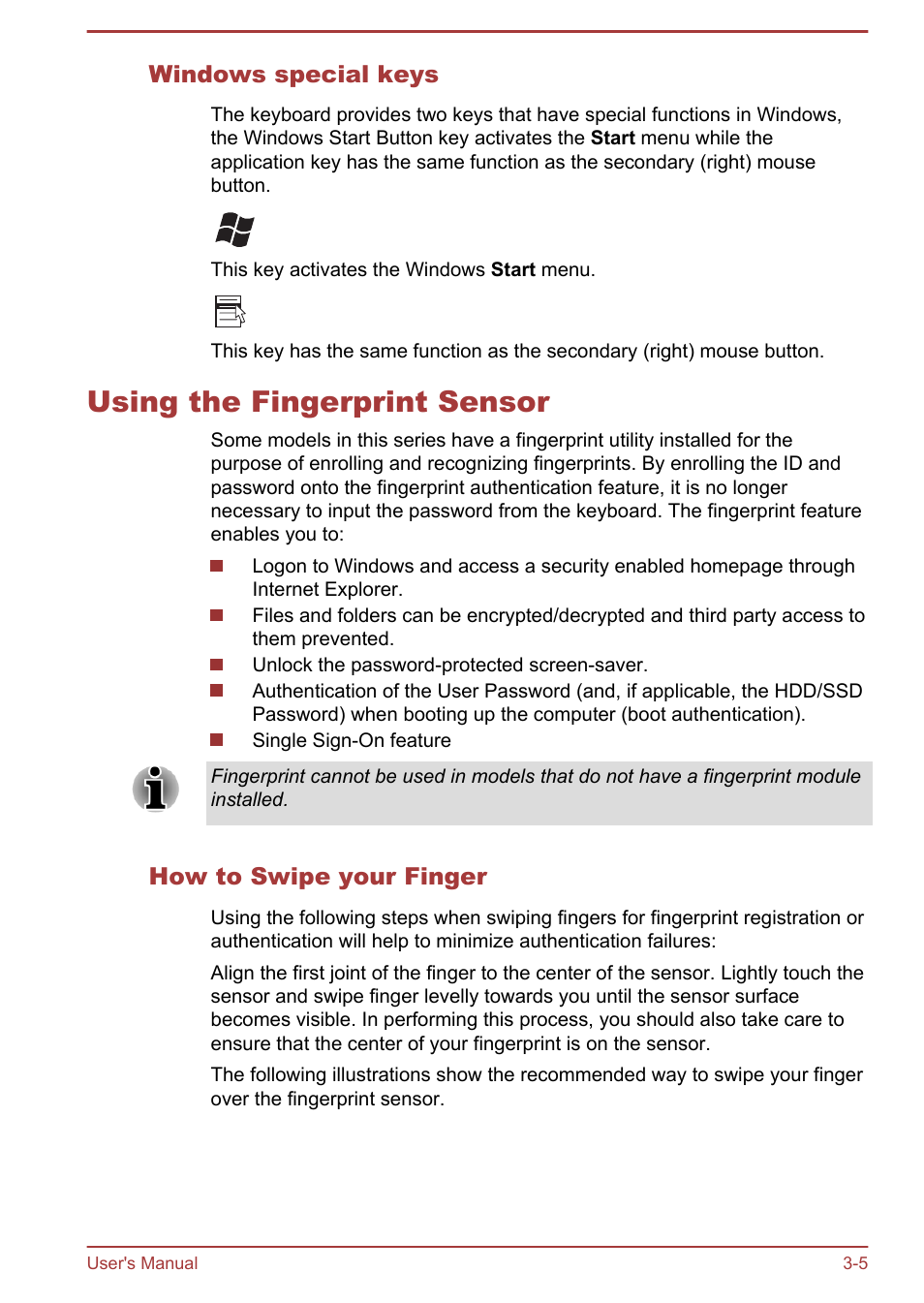 Windows special keys, Using the fingerprint sensor, How to swipe your finger | Using the fingerprint sensor -5, Fingerprint sensor, refer to the, Using the, Fingerprint sensor | Toshiba Satellite P845 User Manual | Page 42 / 157