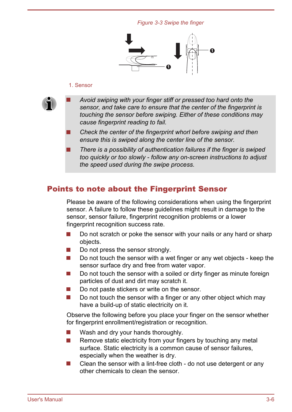 Points to note about the fingerprint sensor | Toshiba Satellite P845 User Manual | Page 43 / 157