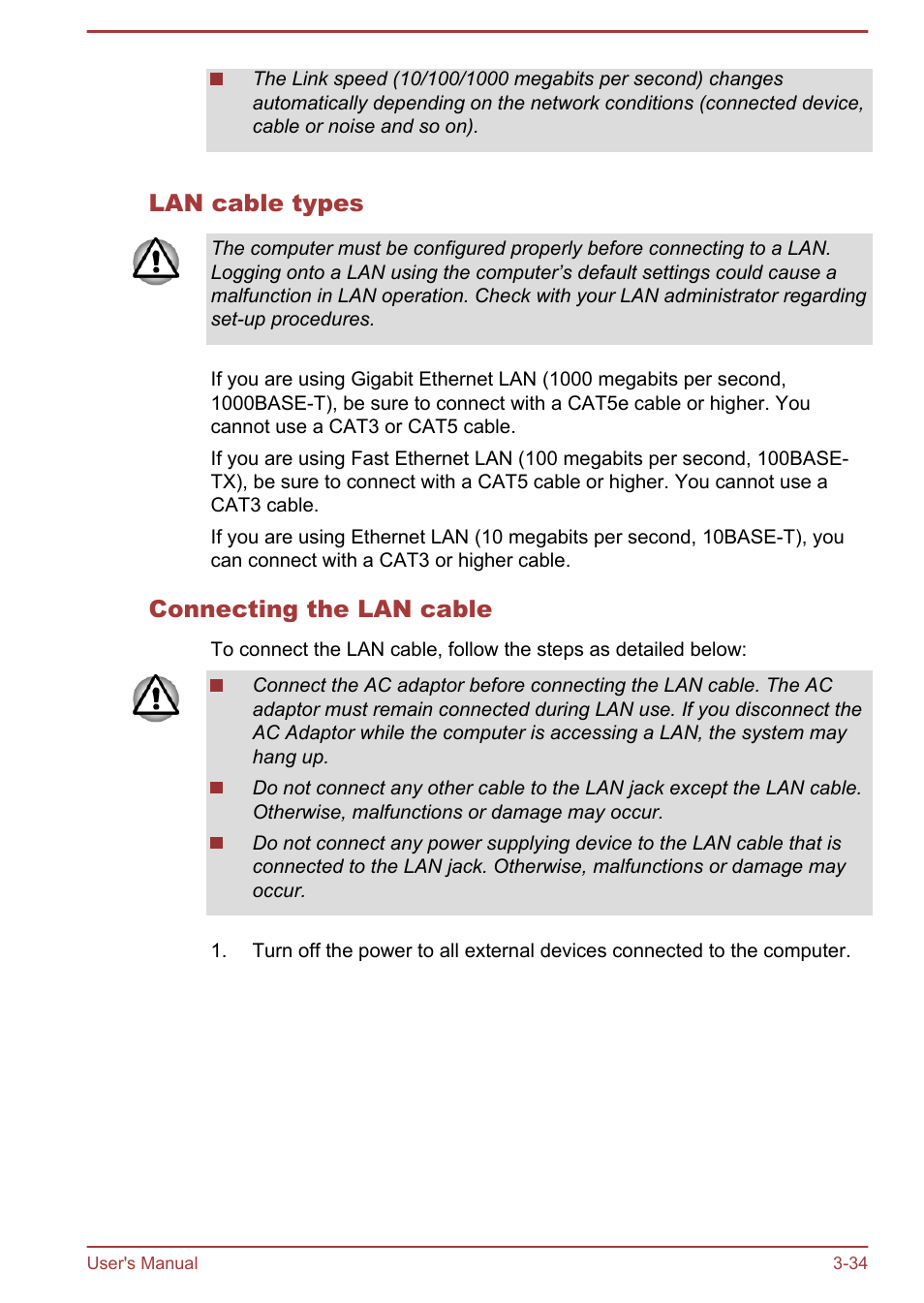 Lan cable types, Connecting the lan cable | Toshiba Satellite P845 User Manual | Page 71 / 157