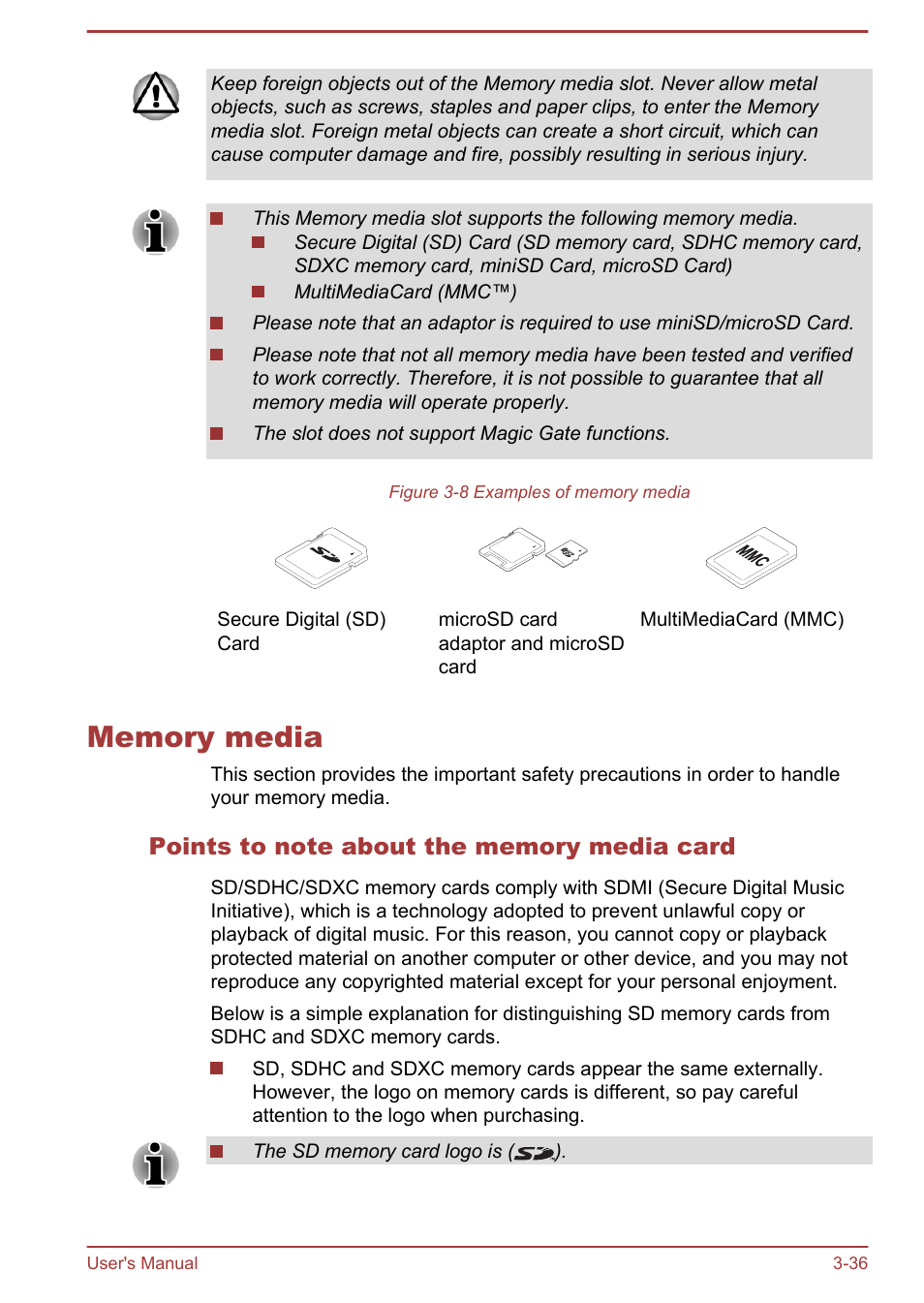 Memory media, Points to note about the memory media card, Memory media -36 | Toshiba Satellite P845 User Manual | Page 73 / 157