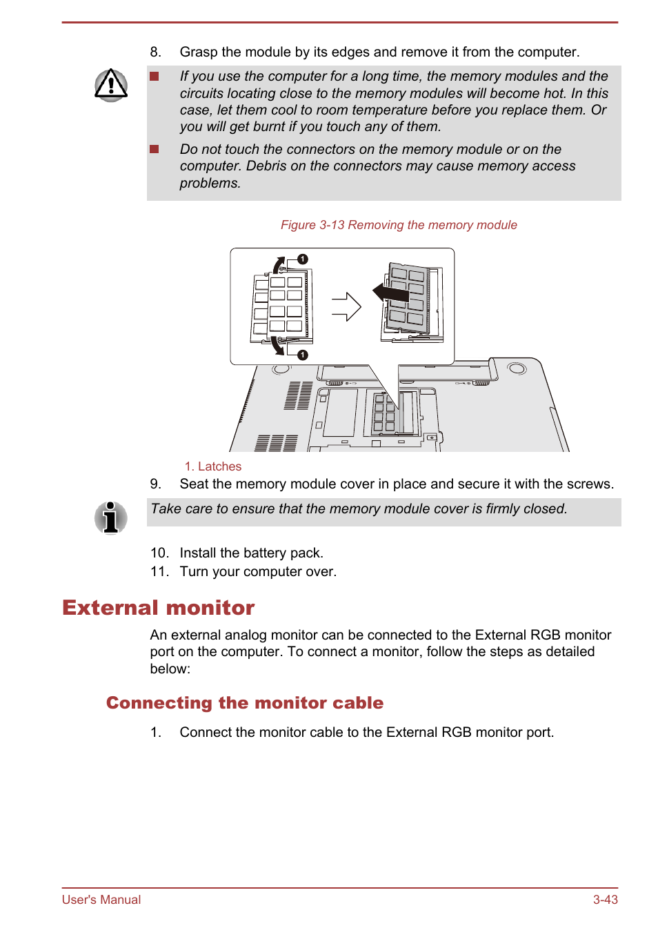 External monitor, Connecting the monitor cable, External monitor -43 | Toshiba Satellite P845 User Manual | Page 80 / 157