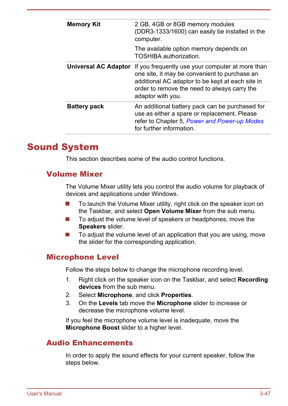 Sound system, Volume mixer, Microphone level | Audio enhancements, Sound system -47 | Toshiba Satellite P845 User Manual | Page 84 / 157