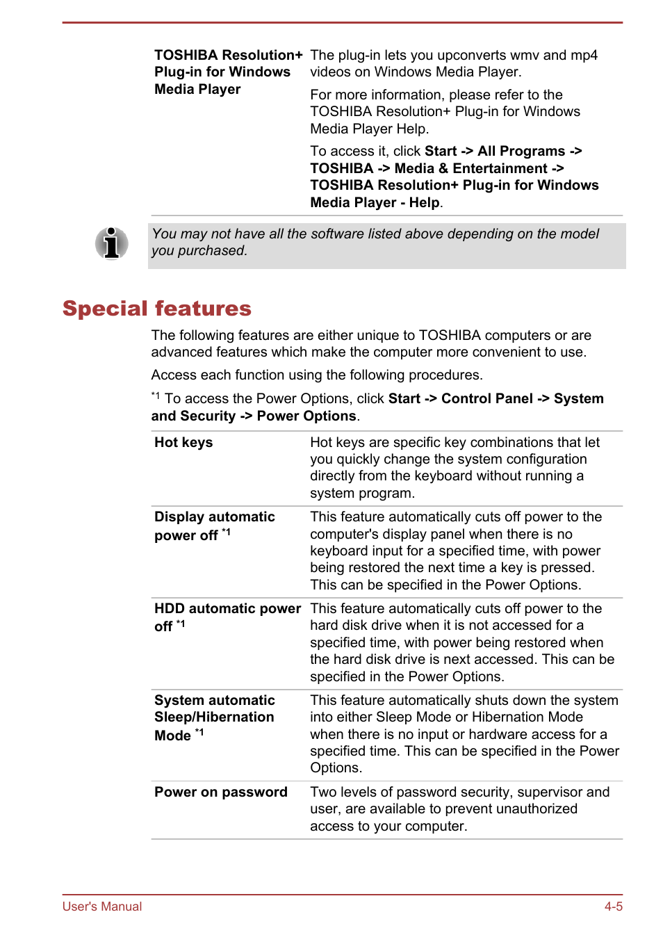 Special features, Special features -5 | Toshiba Satellite P845 User Manual | Page 92 / 157