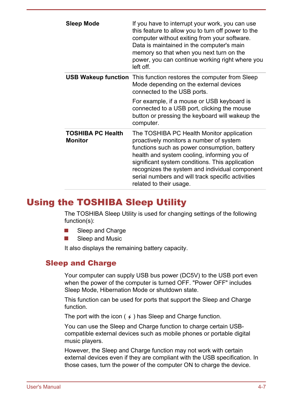 Using the toshiba sleep utility, Sleep and charge, Using the toshiba sleep utility -7 | Toshiba Satellite P845 User Manual | Page 94 / 157