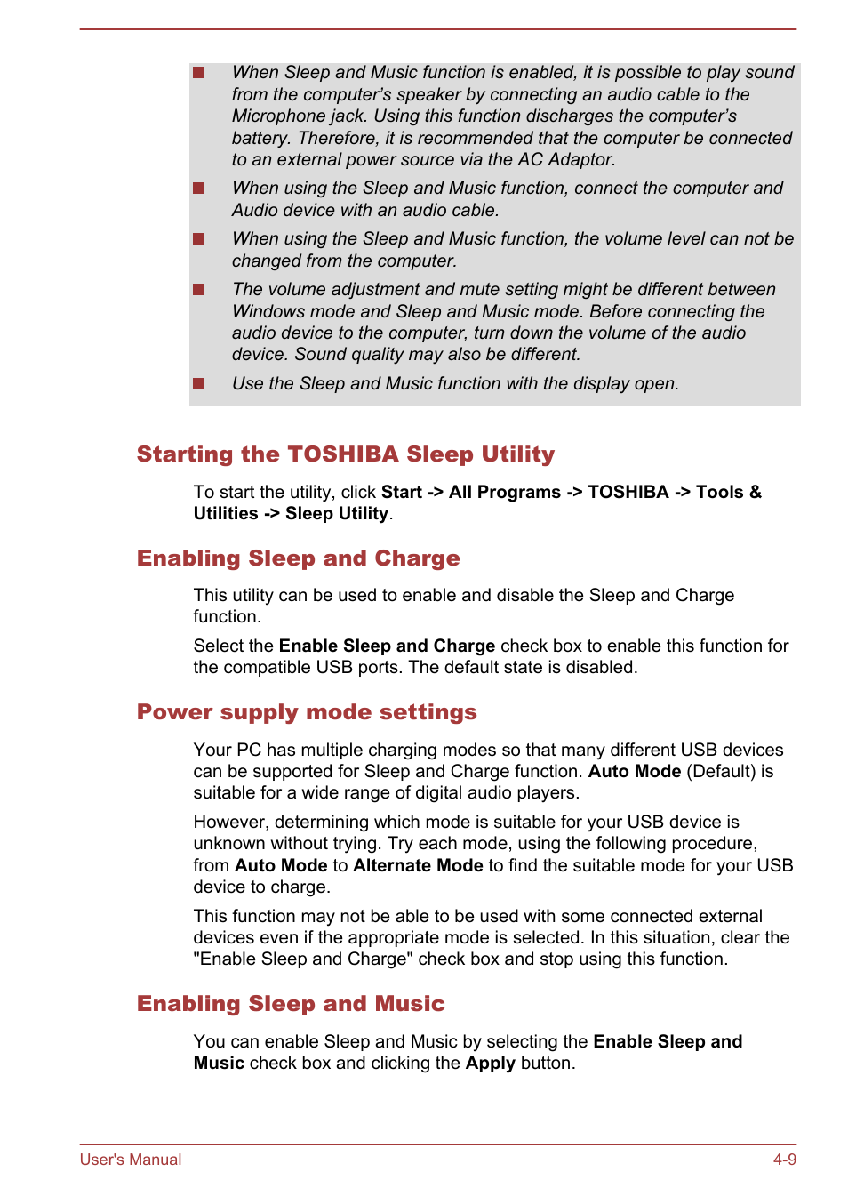 Starting the toshiba sleep utility, Enabling sleep and charge, Power supply mode settings | Enabling sleep and music | Toshiba Satellite P845 User Manual | Page 96 / 157