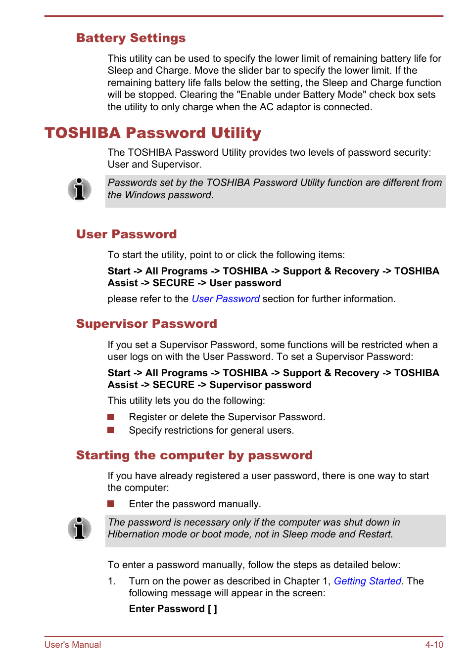 Battery settings, Toshiba password utility, User password | Supervisor password, Starting the computer by password, Toshiba password utility -10 | Toshiba Satellite P845 User Manual | Page 97 / 157