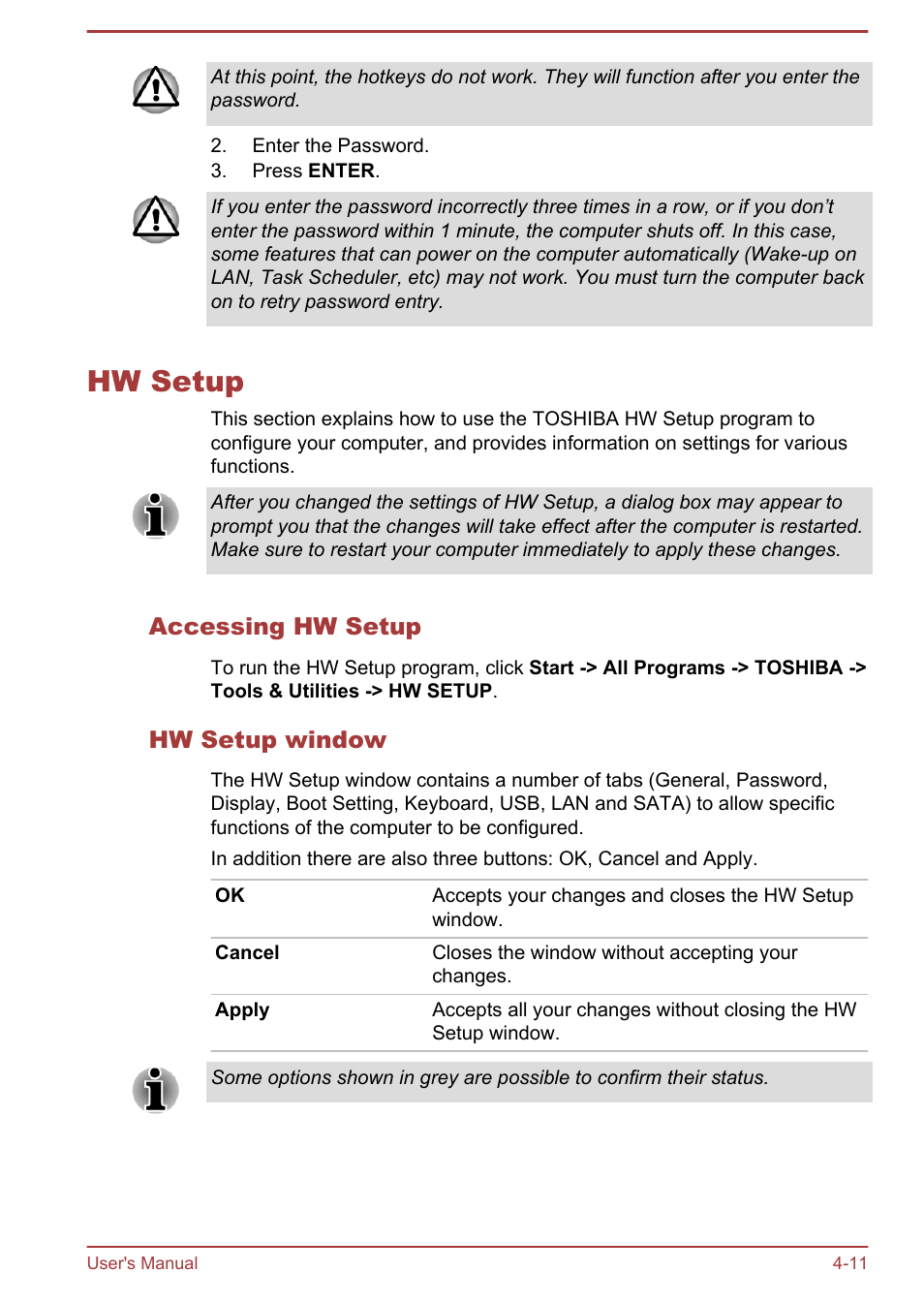 Hw setup, Accessing hw setup, Hw setup window | Hw setup -11 | Toshiba Satellite P845 User Manual | Page 98 / 157