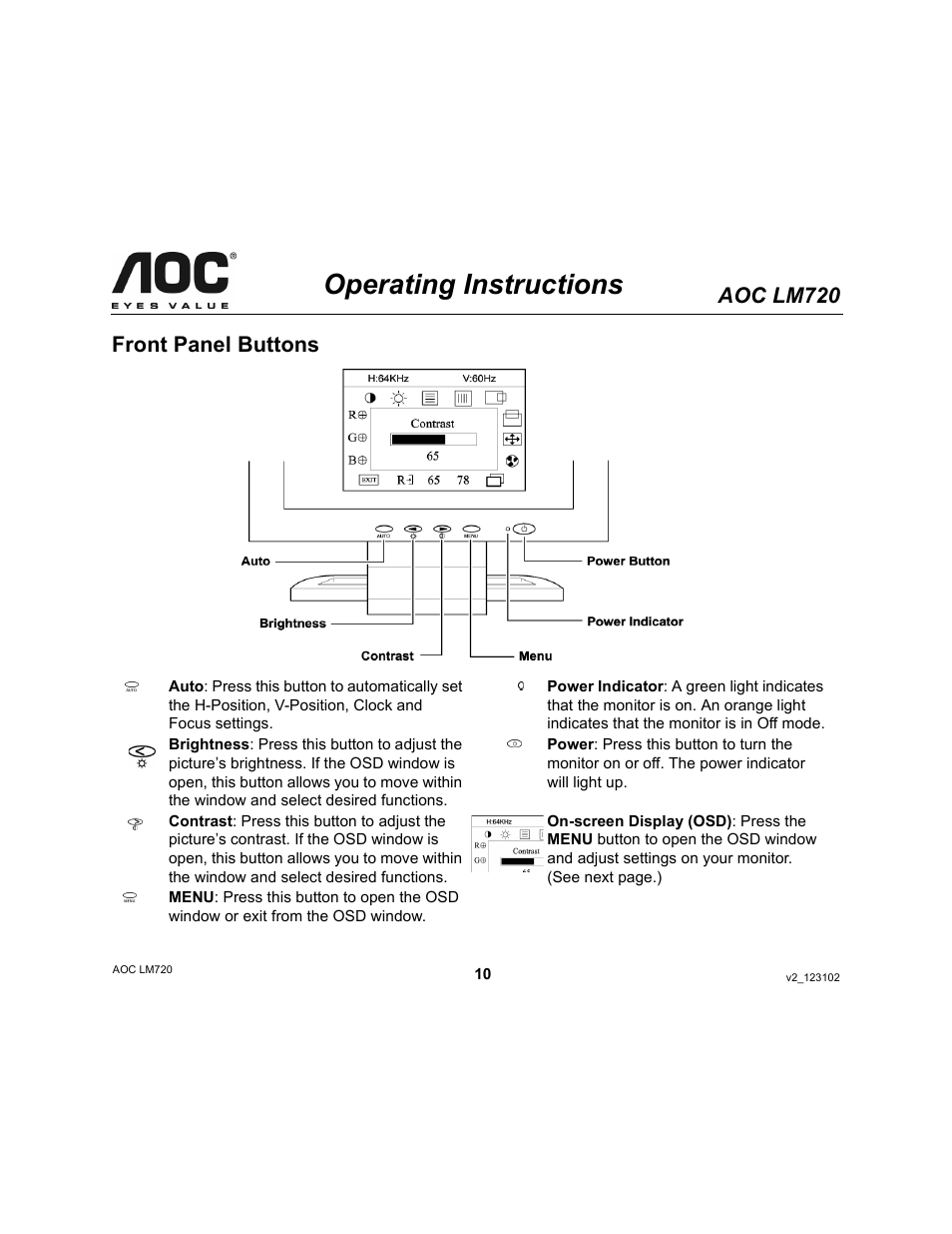 Operating instructions, Aoc lm720, Front panel buttons | AOC LM720 User Manual | Page 10 / 19