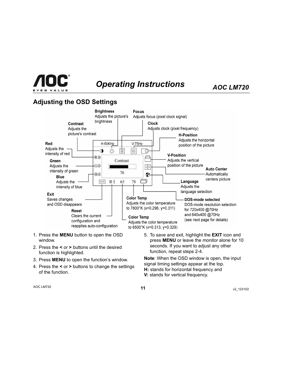 Operating instructions, Aoc lm720, Adjusting the osd settings | AOC LM720 User Manual | Page 11 / 19