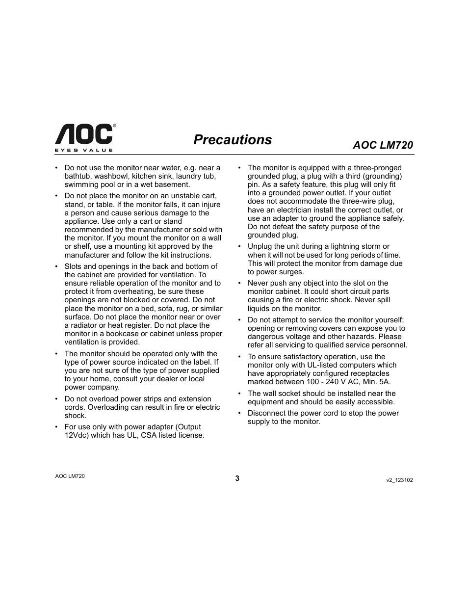 Precautions, Aoc lm720 | AOC LM720 User Manual | Page 3 / 19