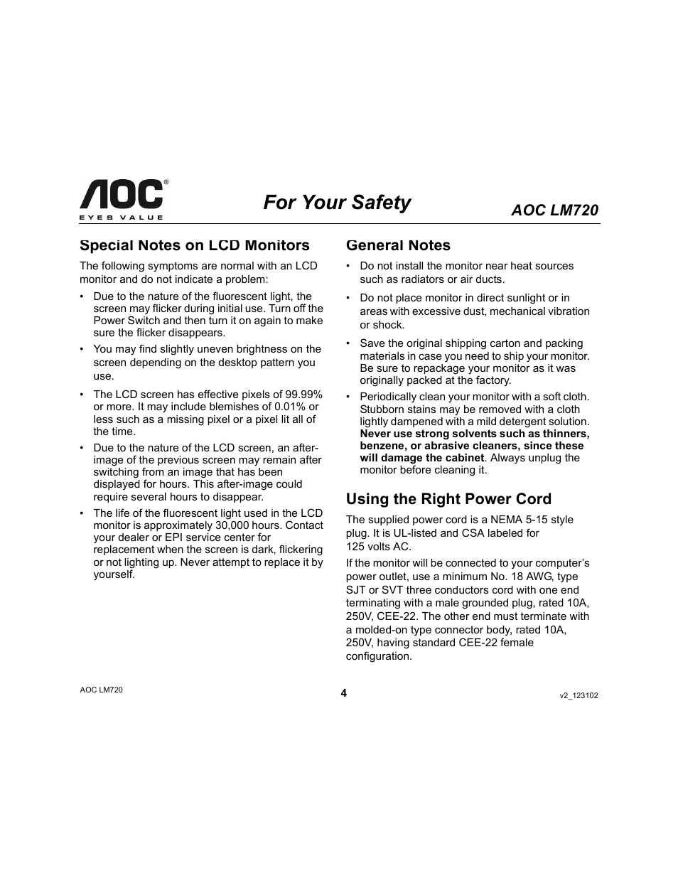 For your safety, Aoc lm720, Using the right power cord | AOC LM720 User Manual | Page 4 / 19