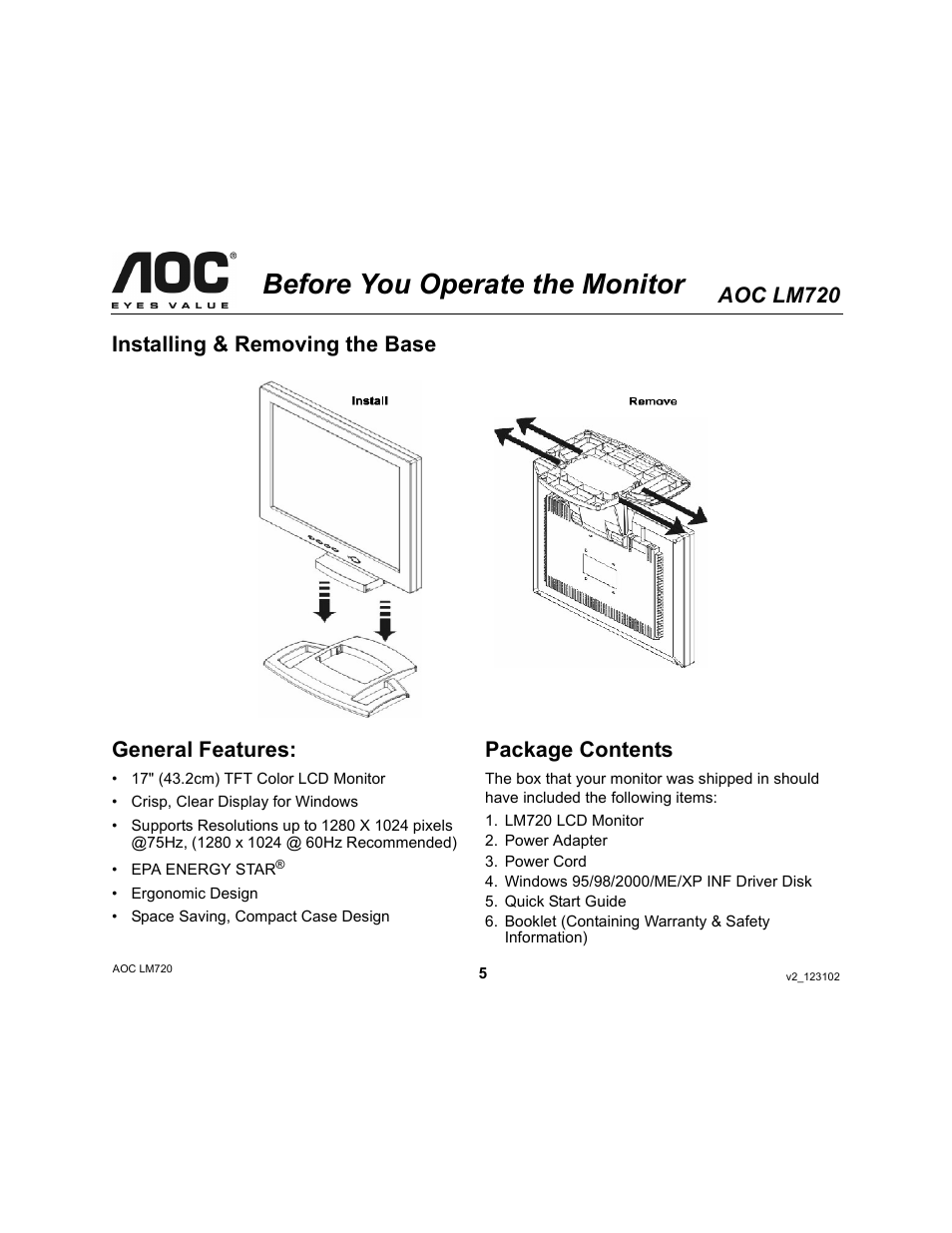 Before you operate the monitor, Aoc lm720, Installing & removing the base general features | Package contents | AOC LM720 User Manual | Page 5 / 19