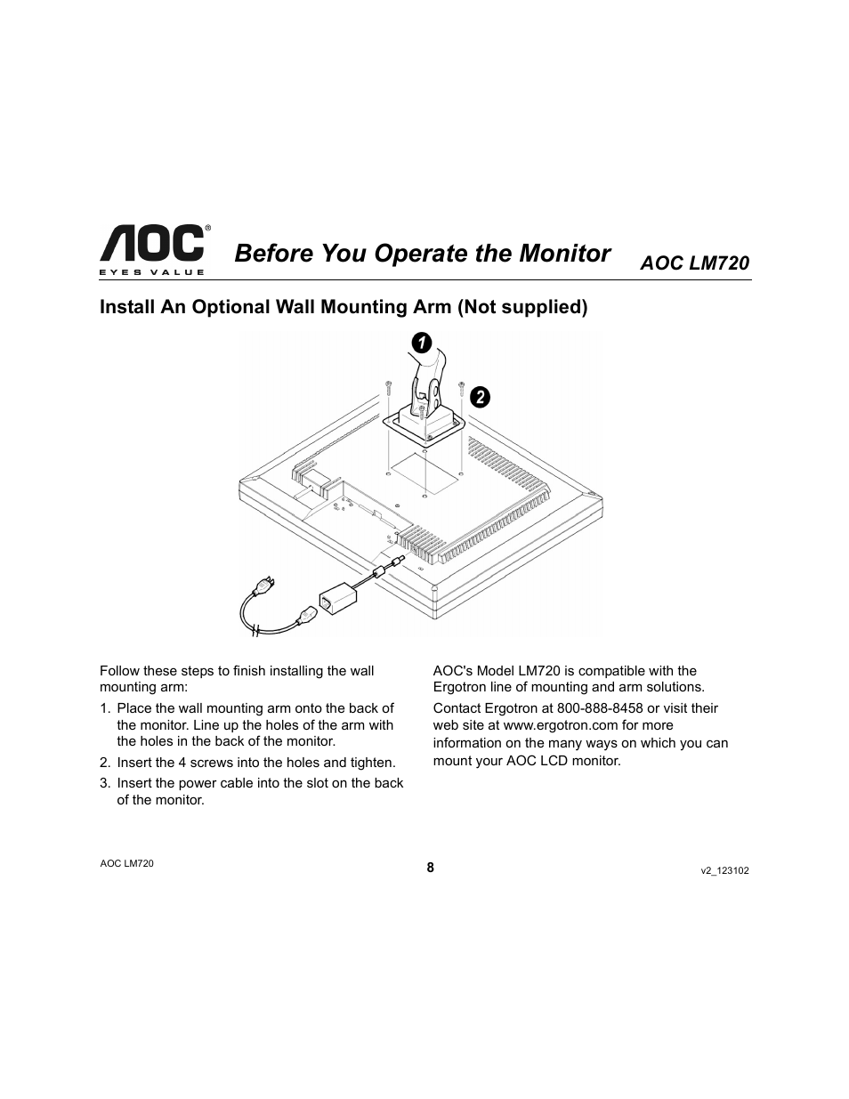 Before you operate the monitor, Aoc lm720 | AOC LM720 User Manual | Page 8 / 19