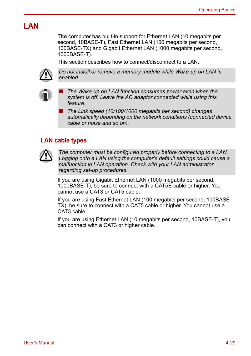 Lan -29, Lan cable types | Toshiba Satellite Pro L650 User Manual | Page 105 / 171