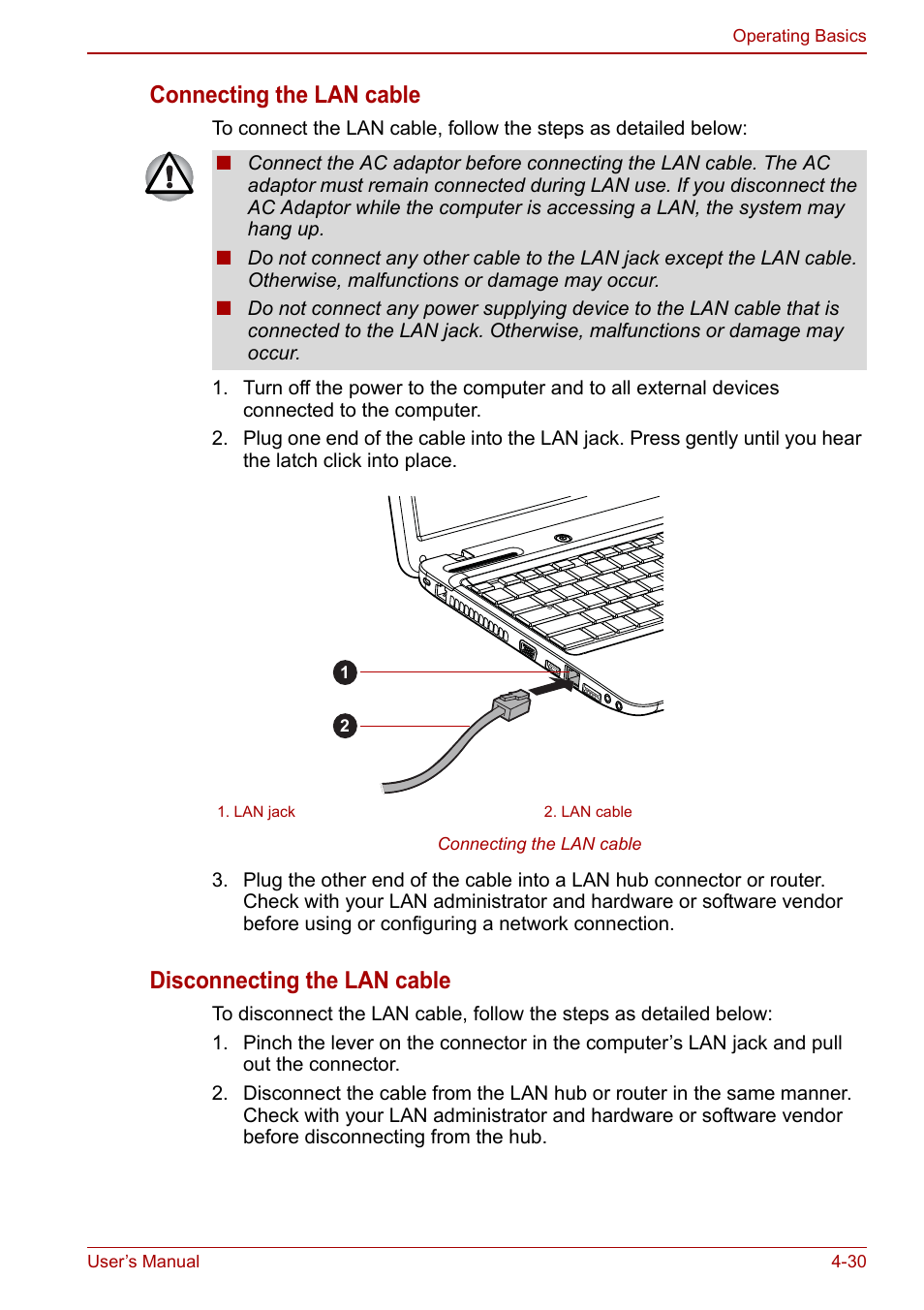 Connecting the lan cable, Disconnecting the lan cable | Toshiba Satellite Pro L650 User Manual | Page 106 / 171