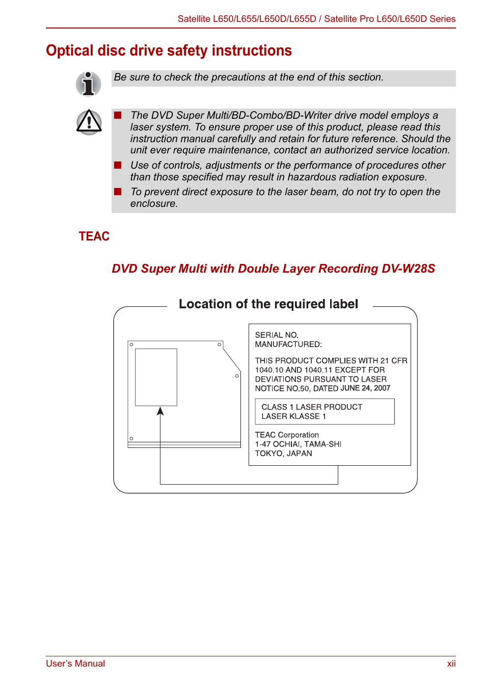 Optical disc drive safety instructions, Teac | Toshiba Satellite Pro L650 User Manual | Page 11 / 171