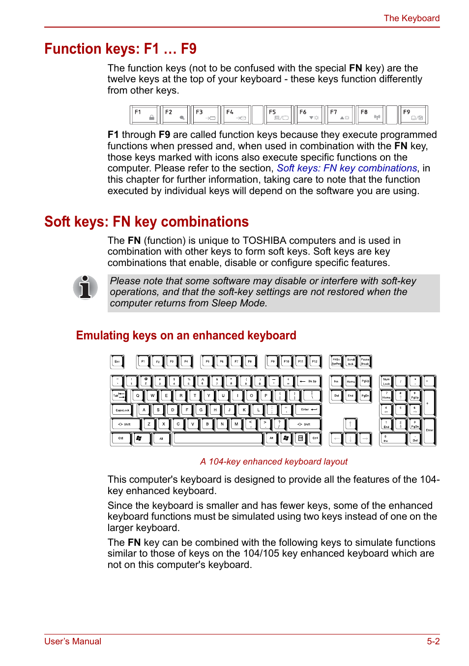 Function keys: f1 … f9, Soft keys: fn key combinations, Emulating keys on an enhanced keyboard | Toshiba Satellite Pro L650 User Manual | Page 110 / 171