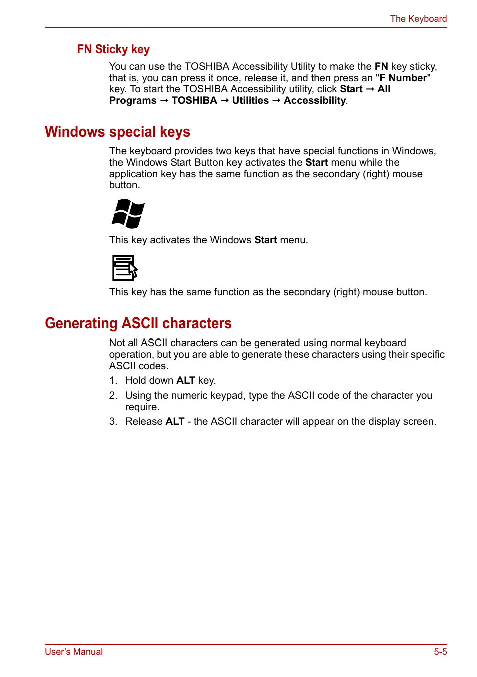 Windows special keys, Generating ascii characters | Toshiba Satellite Pro L650 User Manual | Page 113 / 171