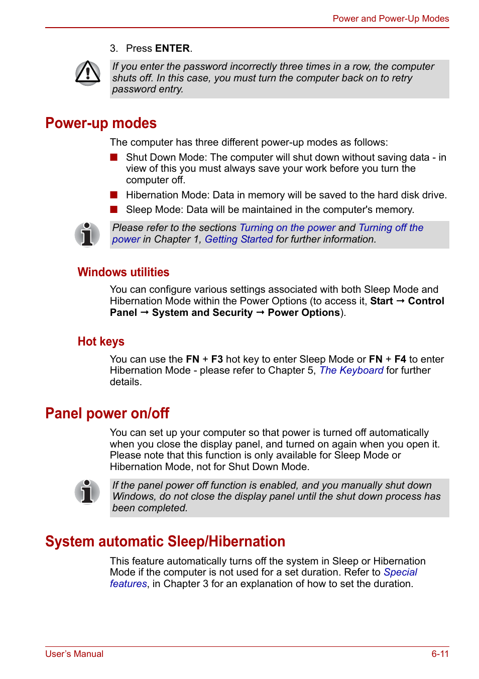 Power-up modes, Panel power on/off, System automatic sleep/hibernation | Toshiba Satellite Pro L650 User Manual | Page 124 / 171