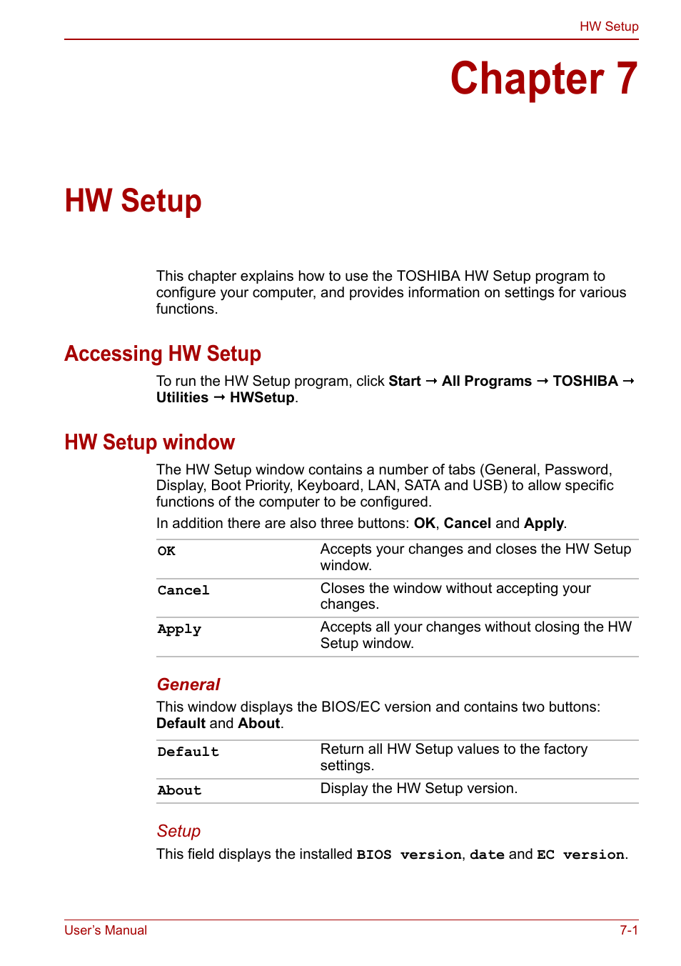 Chapter 7: hw setup, Accessing hw setup, Hw setup window | Chapter 7, Hw setup, Accessing hw setup -1 hw setup window -1 | Toshiba Satellite Pro L650 User Manual | Page 125 / 171