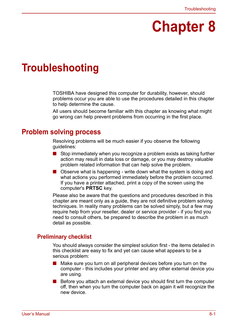 Chapter 8: troubleshooting, Problem solving process, Chapter 8 | Troubleshooting, Problem solving process -1 | Toshiba Satellite Pro L650 User Manual | Page 131 / 171