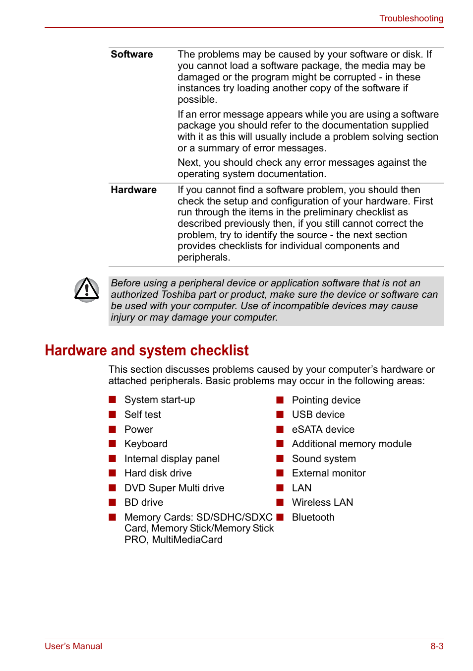 Hardware and system checklist, Hardware and system checklist -3 | Toshiba Satellite Pro L650 User Manual | Page 133 / 171