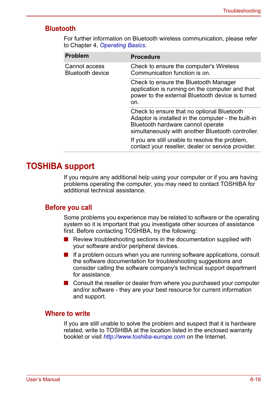 Toshiba support, Toshiba support -18, Bluetooth | Before you call, Where to write | Toshiba Satellite Pro L650 User Manual | Page 148 / 171