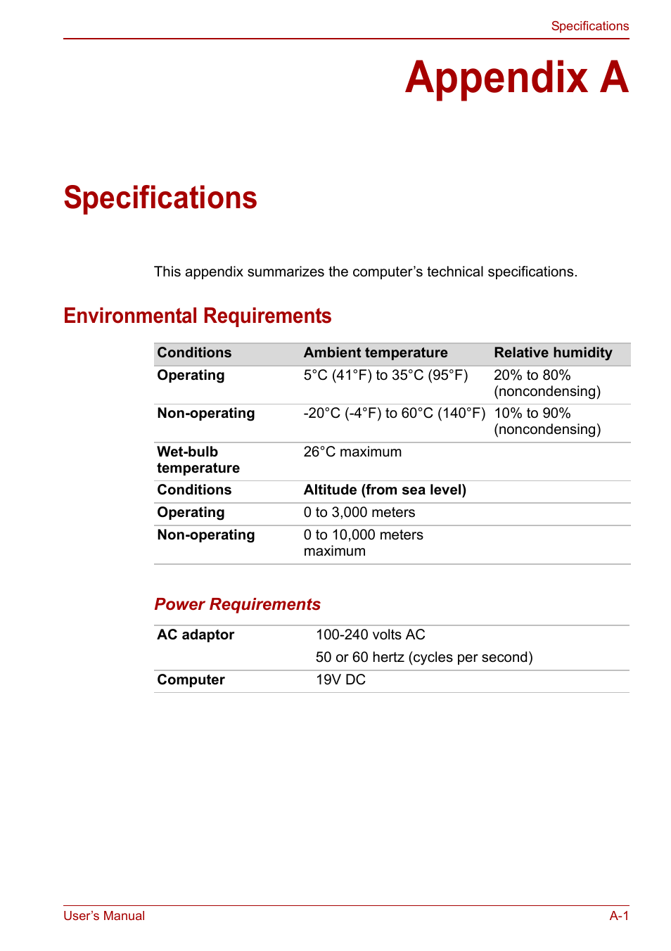 Appendix a: specifications, Appendix a, Specifications | Environmental requirements | Toshiba Satellite Pro L650 User Manual | Page 149 / 171